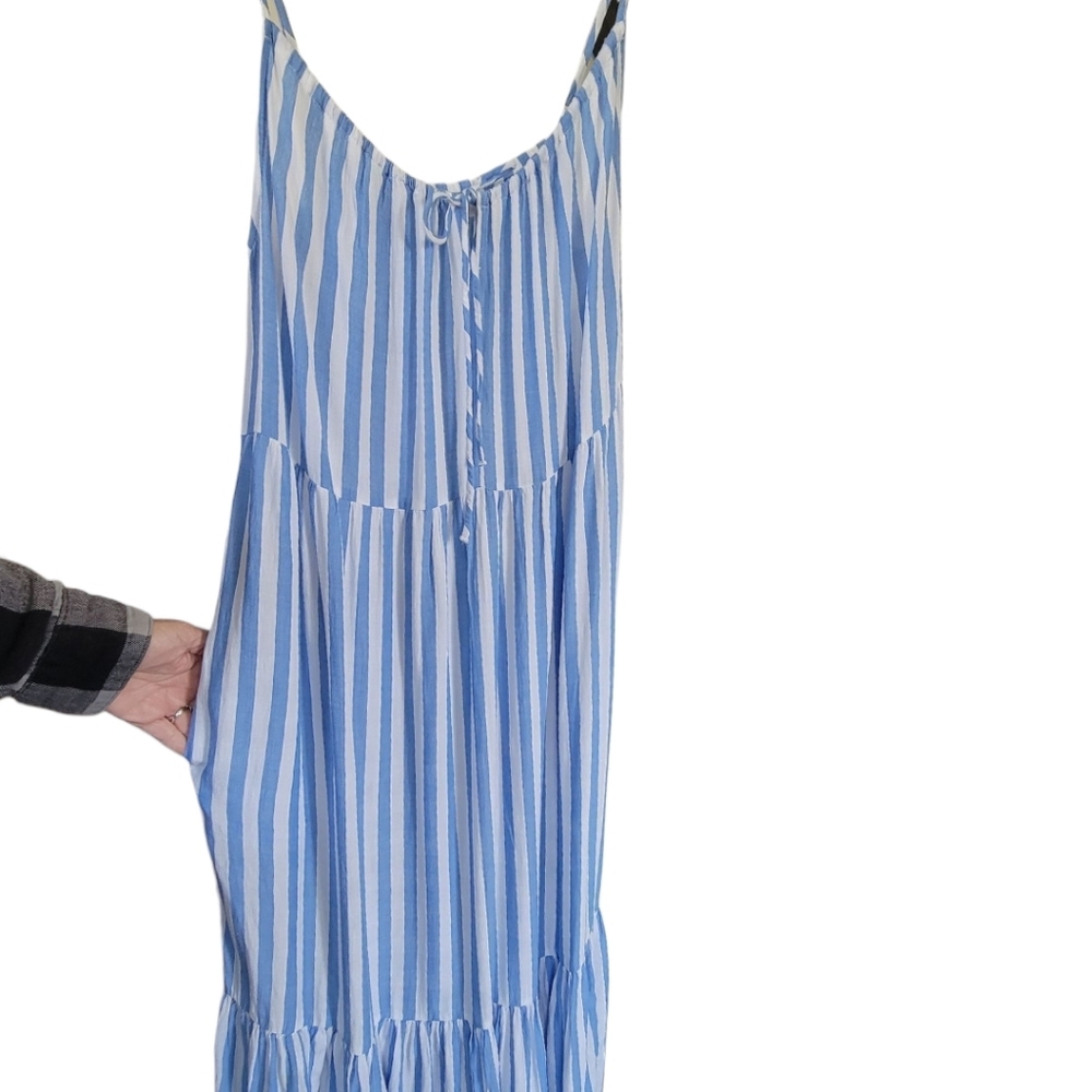 Old Navy Blue White Striped Tiered Coastal Boho Long Maxi Swing Dress Large - Picture 6 of 16